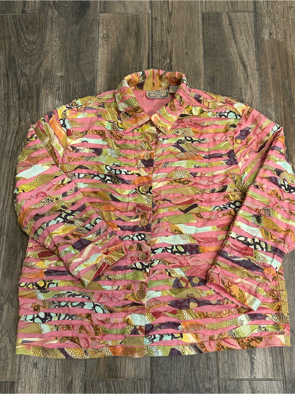 Vintage Life Style Jacket Womens 2X Pink Colorful Quilted Ribbon Art Wear